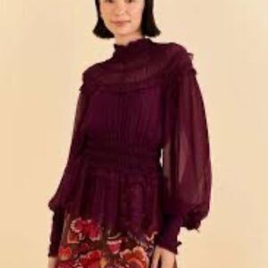 Farm Rio NWOT Burgundy Ruffle Peplum Top Sz XS